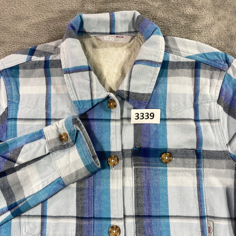 Stio Flannel Shirt Womens Medium Blue Plaid Organic Cotton Button Down 100062